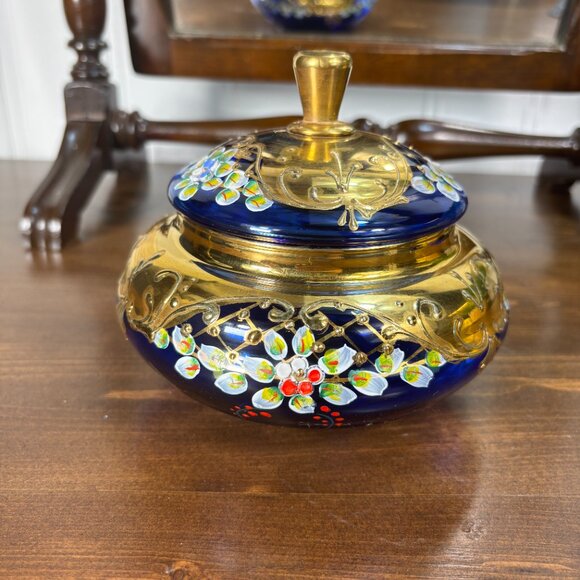 Vintage Cobalt Blue Glass Vanity Jar with Lid Gold Enamel Floral Bohemian Jar - Picture 4 of 14